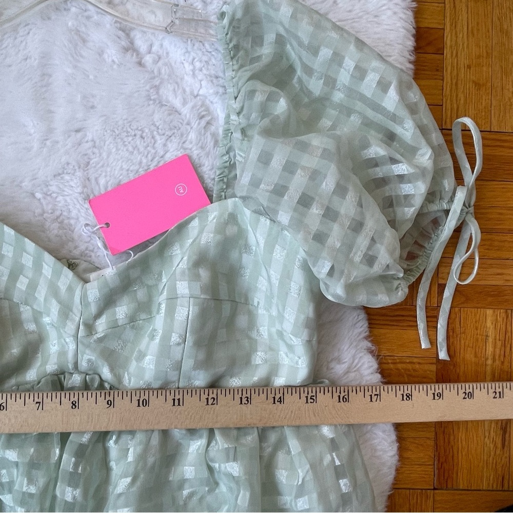 AMANDA UPRICHARD Mint Gingham Puff Sleeve Mini Dress - Size Large - Picture 9 of 9